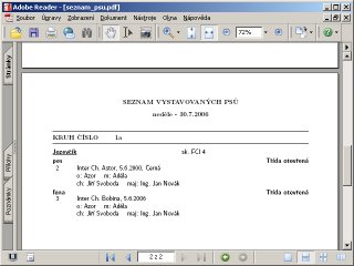 Prohlížení PDF souboru se seznamem psů v programu Adobe Reader